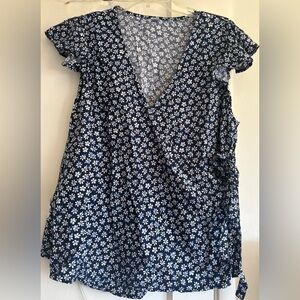 Old Navy Floral V-Neck Wrap Blouse - Navy and White